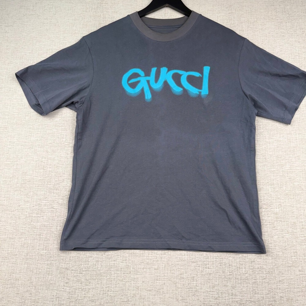 Gucci Mens Spray Paint Logo T-Shirt Grey Turquoise Cotton Made in Italy Size M